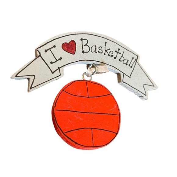 I Love Basketball Hand Painted Pin Wooden Pin Pendant - Picture 3 of 6